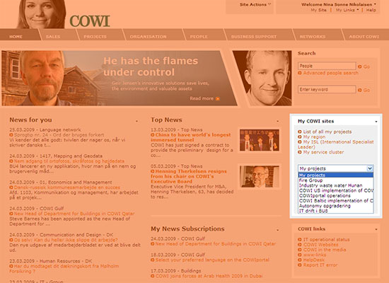 KMC_Homepage_07 Listing the team sites that the user is a member of. Screenshot courtesy of COWI.