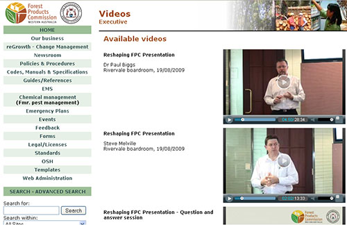 A range of videos, including executive presentations, are published to the intranet