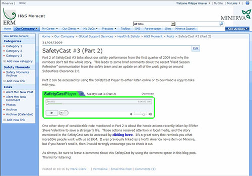 The podcast for the 'safety moment' published by ERM for staff use (screenshot courtesy of ERM).