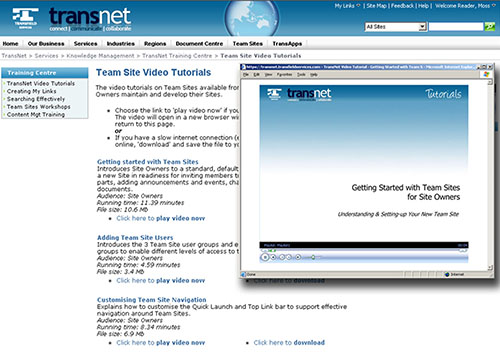 Transfield uses simple videos to provide training for the rollout of SharePoint team sites, supplementing face-to-face education (screenshot courtesy of Transfield Services).