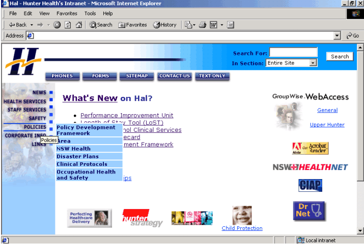 The current Hunter Health intranet home page (as of August 2002)