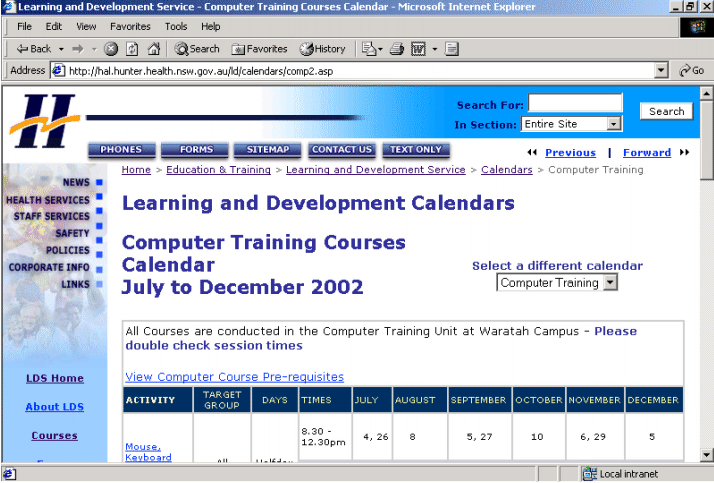 Page from the Learning & Development section (as of August 2002)