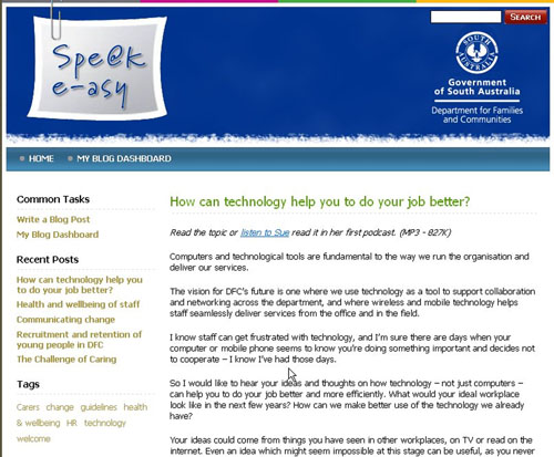 Spe@k e-asy Figure 3: The Spe@k e-asy blog at the South Australia Department of Families and Communities