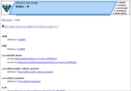rta_index Portion of the \'back-of-the-book\' index provided as part of Frontline Help