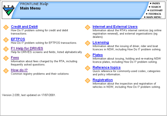 rta_mainmenu The Frontline Help main menu, listing the key sections