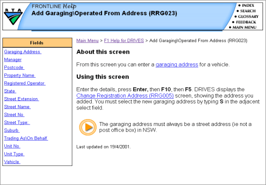 rta_screen Context-sensitive help screen for the main frontline application (DRIVES)