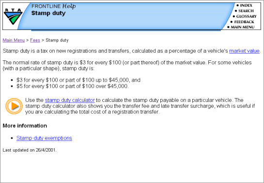 rta_stampduty Policy page, providing succinct but complete information on stamp duty rates