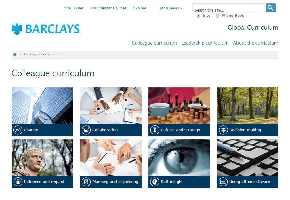 Screenshot from Barclays Bank learning portal.