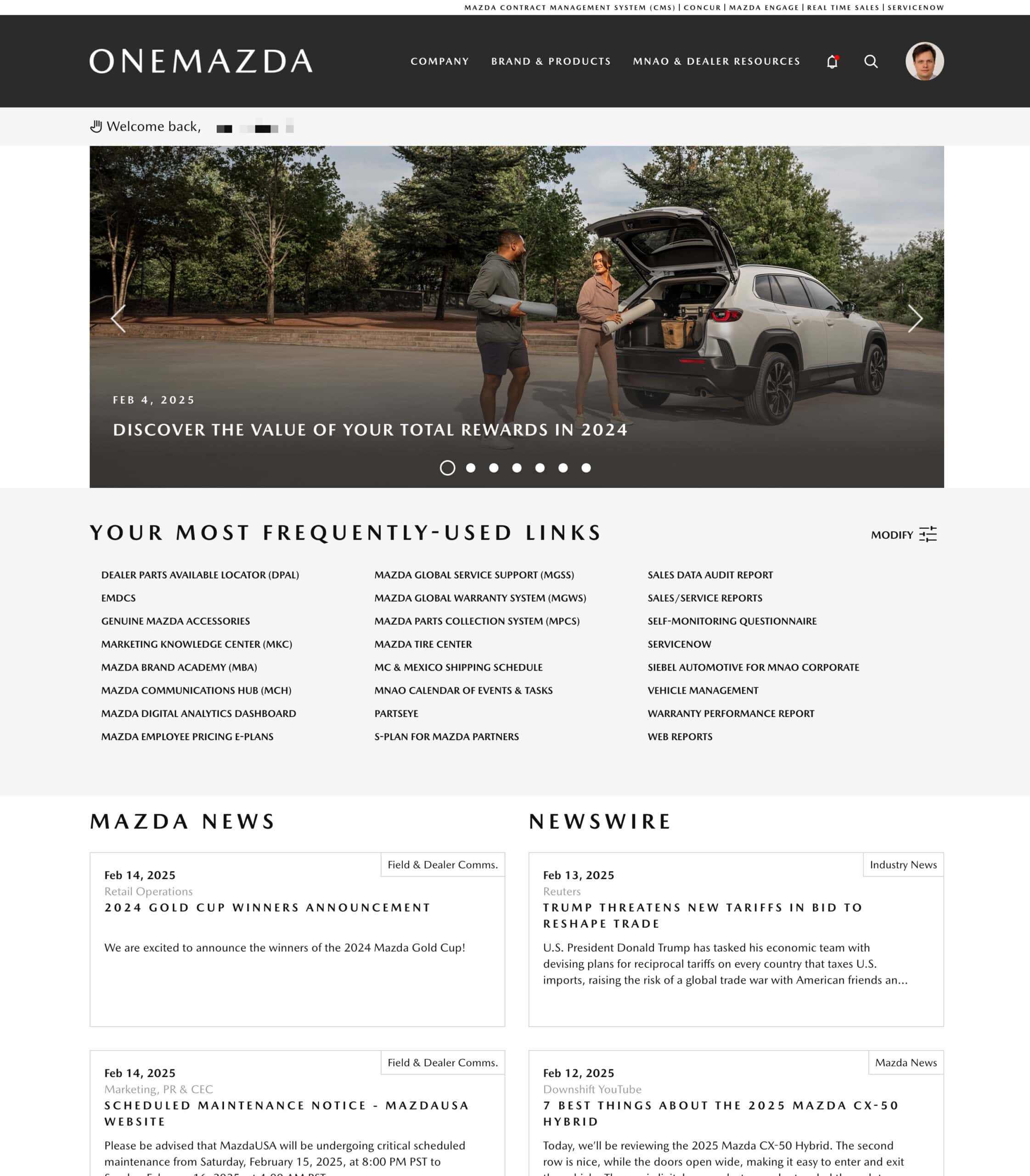A screenshot of the homepage of OneMazda, the intranet for Mazda North American Operations.