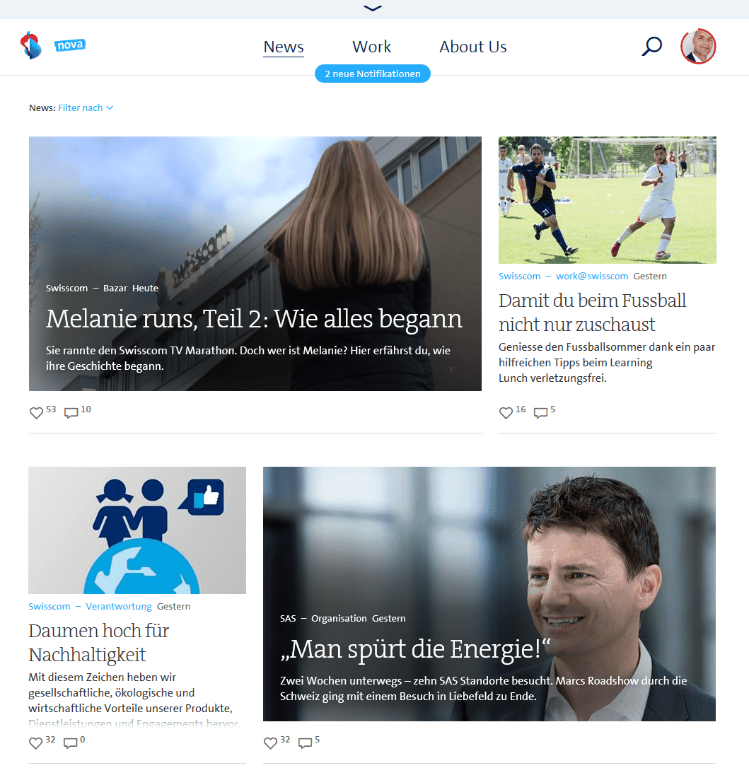 The homepage of Swisscom's new intranet. Screenshot appears courtesy of Swisscom.