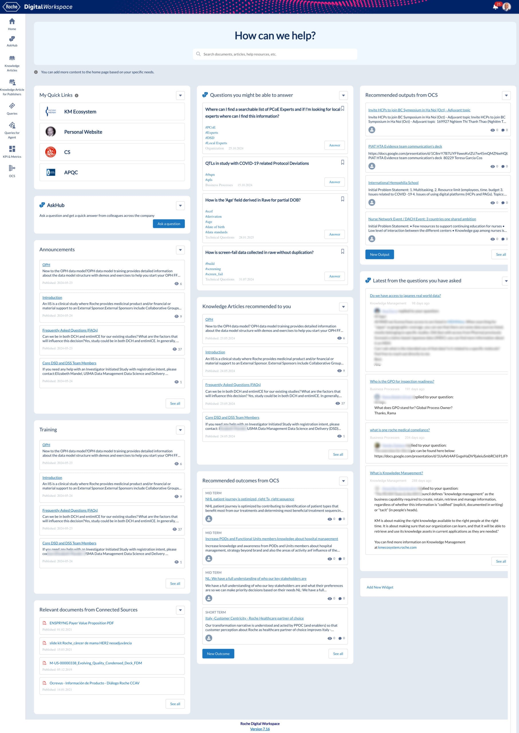 A screenshot of the landing page for Roche's Digital Workspace (DWS) knowledge platform featuring a number of personalised widgets.