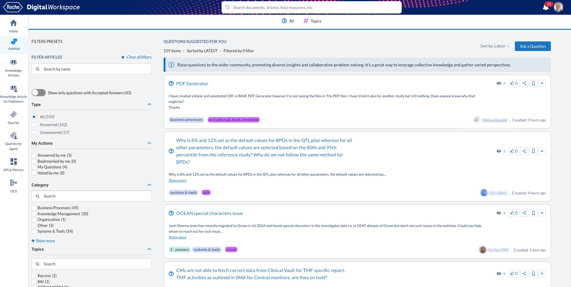 A screenshot of the home screen of the AskHub in Roche's Digital Workspace platform. 