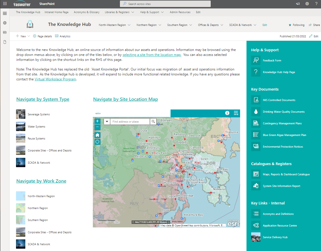 A screenshot of the knowledge hub landing page on the TasWater intranet.