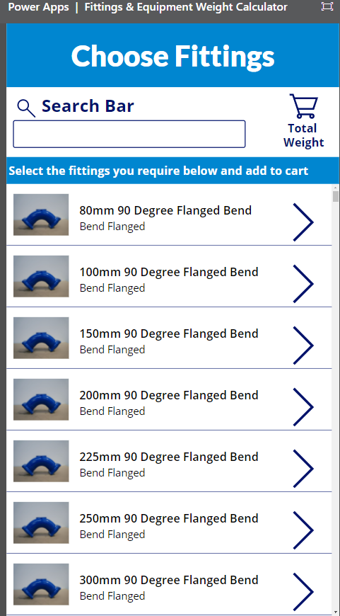 A screenshot of TasWater's fittings and weight calculator app on a mobile device.