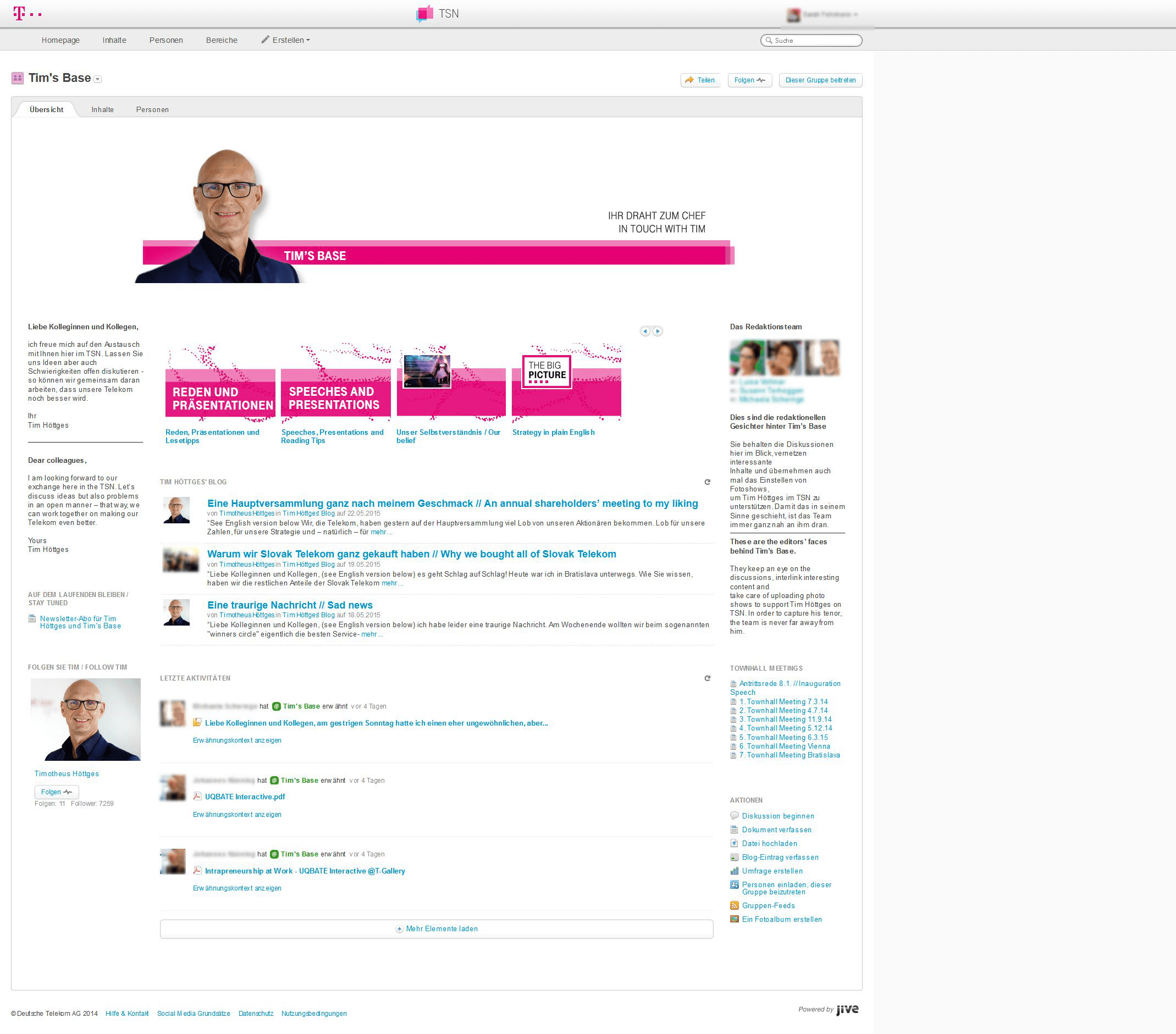 Tim’s Base at Deutsche Telekom is a community to initiate dialogue with the CEO. Screenshot appears courtesy of Deutsche Telekom. 