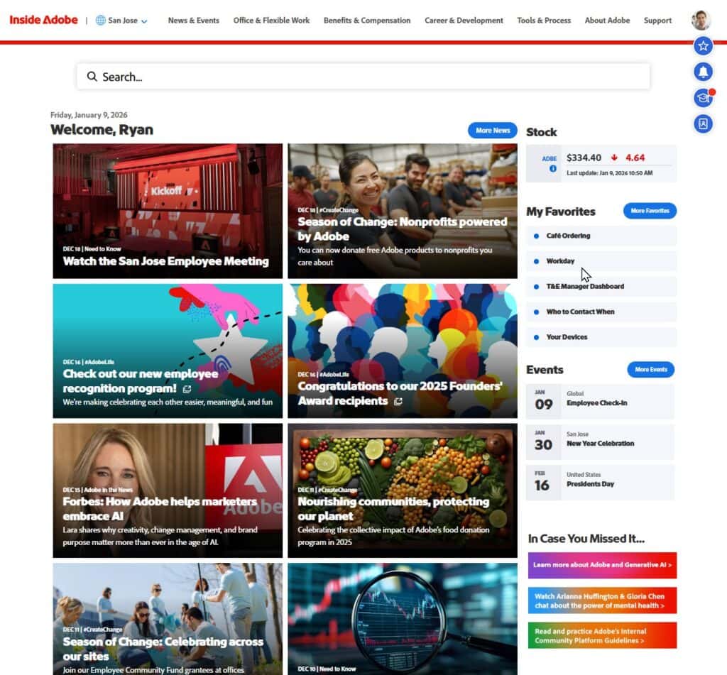 A screenshot of the homepage of Adobe's intranet.