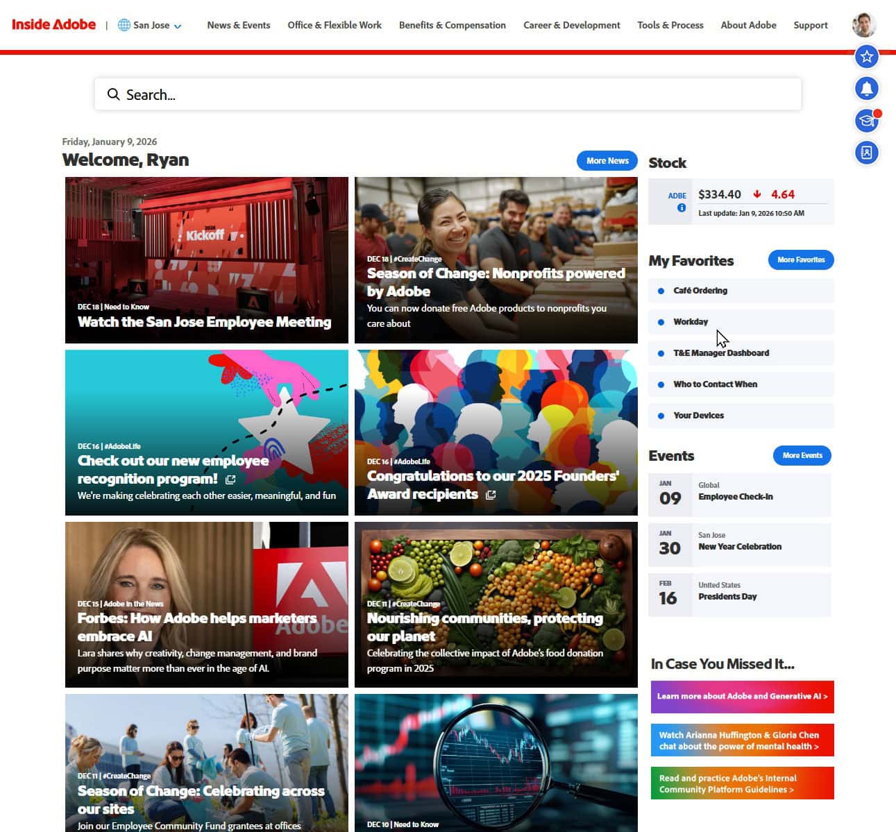 A screenshot of the homepage of Adobe's intranet.