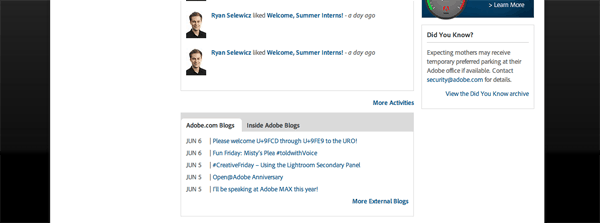 Internal and external employee blogs appear on the homepage of the Adobe intranet. Screenshot appears courtesy of Adobe.