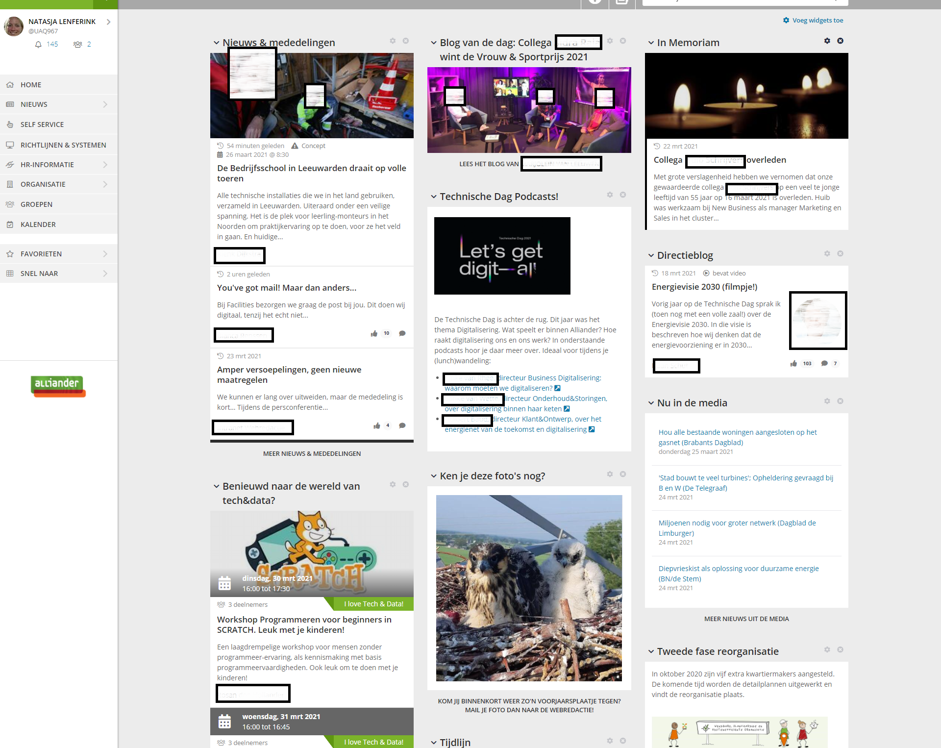 A screenshot of the Alliander intranet homepage.