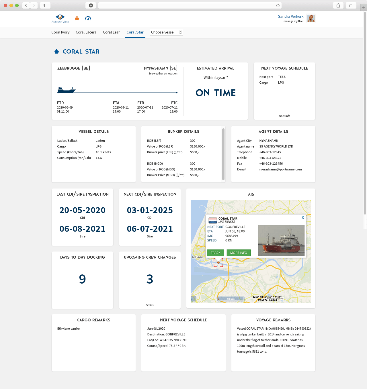 A dashboard from the Bridge which helps to manage vessels at Anthony Veder. Screenshot appears courtesy of Anthony Veder.