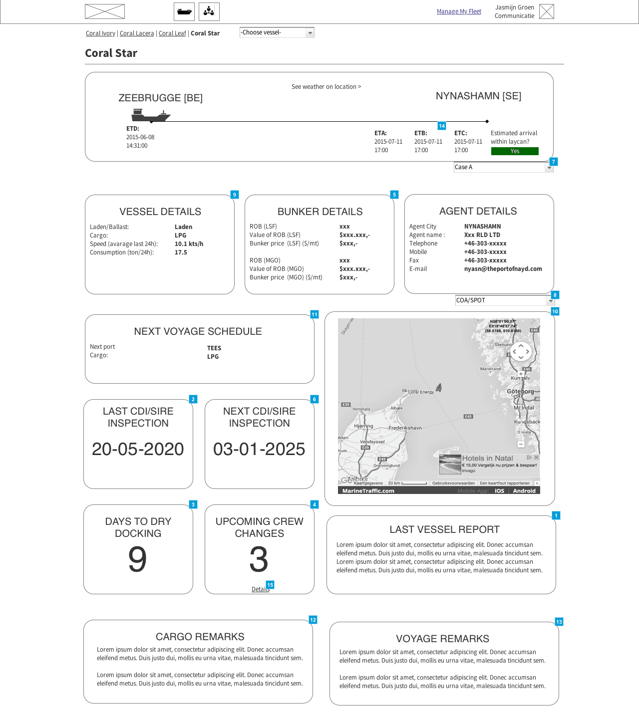 Wireframe for Anthony Veder's dashboard The Bridge.