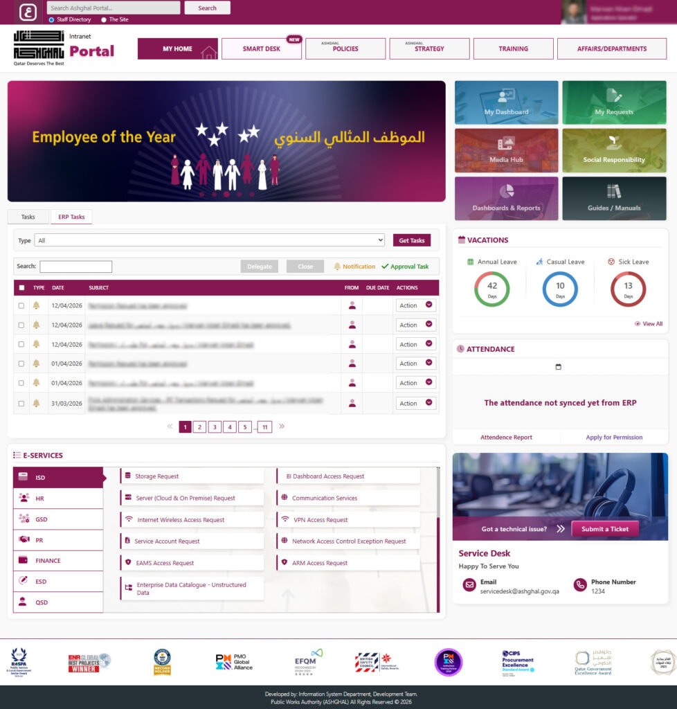 A screenshot of the homepage of the Ashghal intranet.