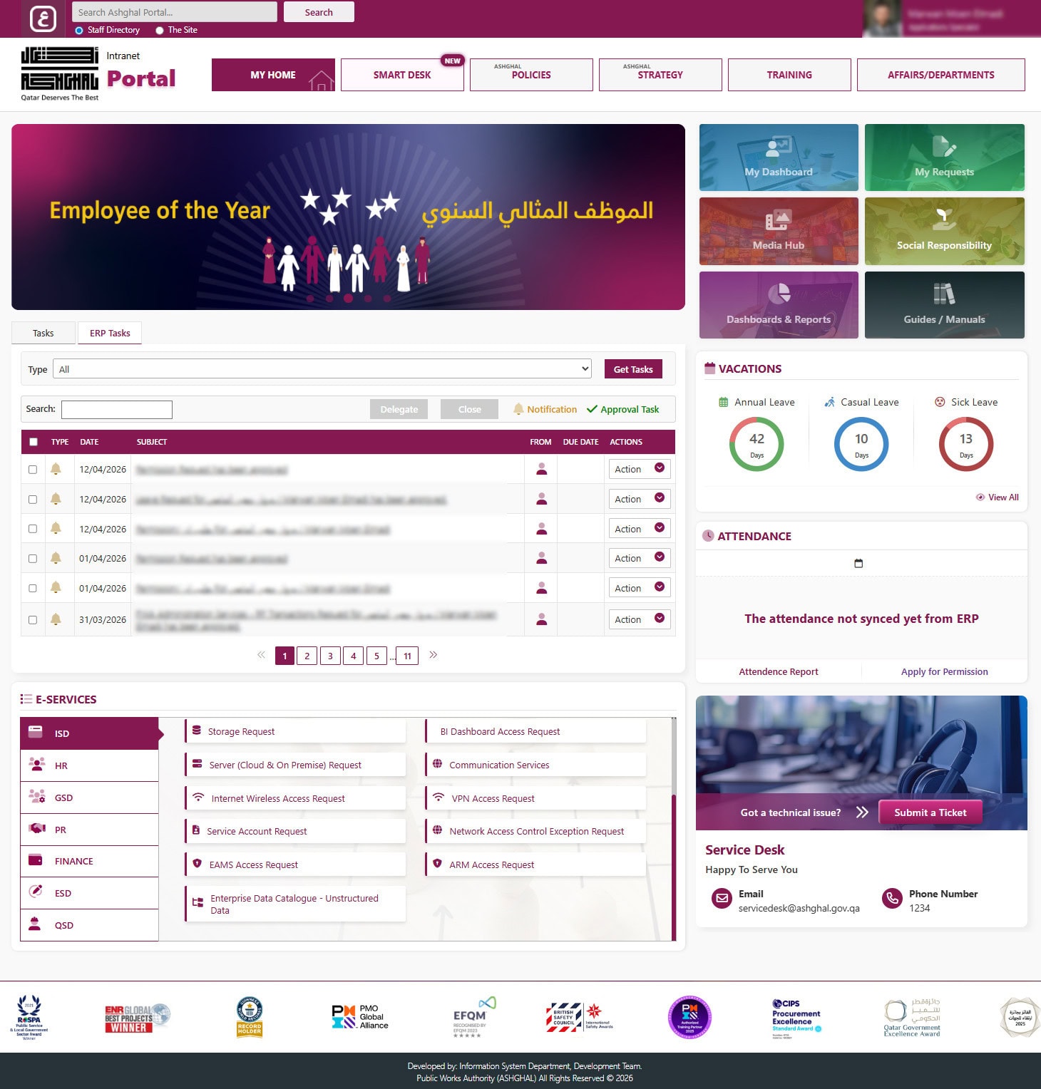 A screenshot of the homepage of the Ashghal intranet.