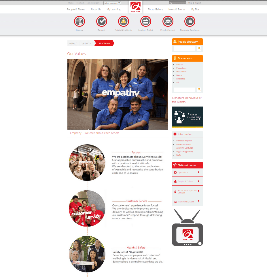 Assetlink's page about its values is one of a number of digital channels focusing on organizational culture. Screenshot courtesy of Assetlink.