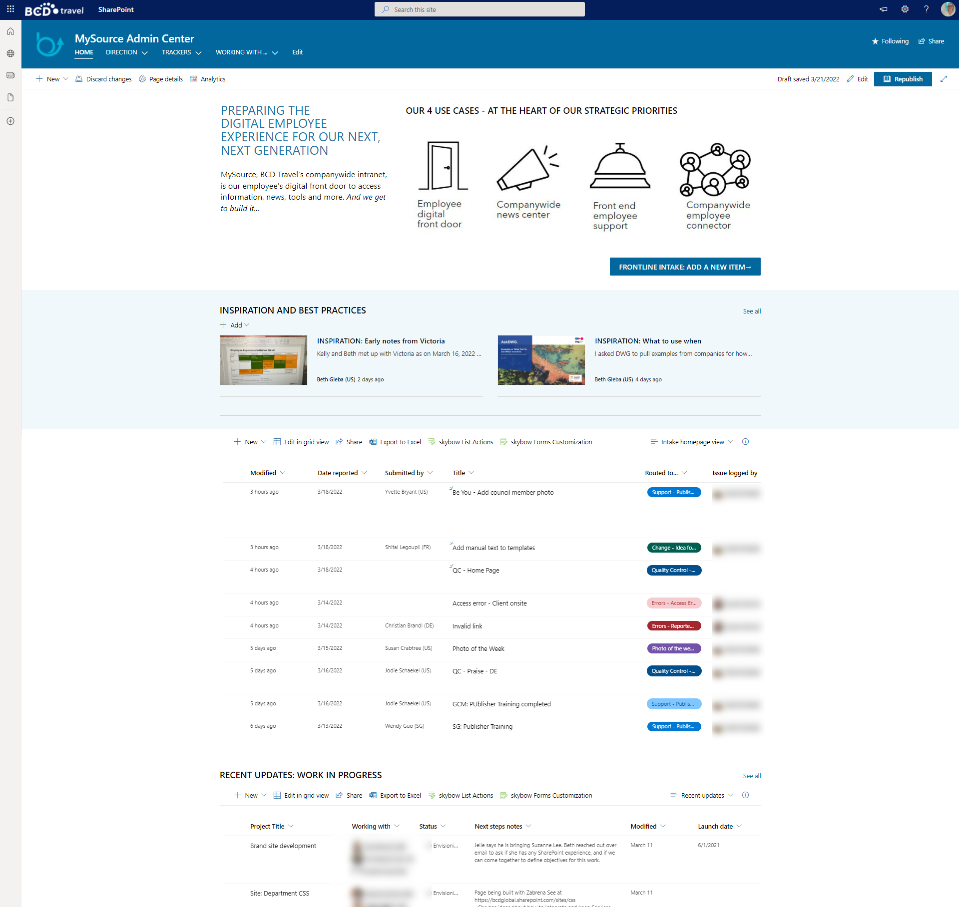 The Intake Tracker on the BCD Travel intranet that logs publisher requests. 