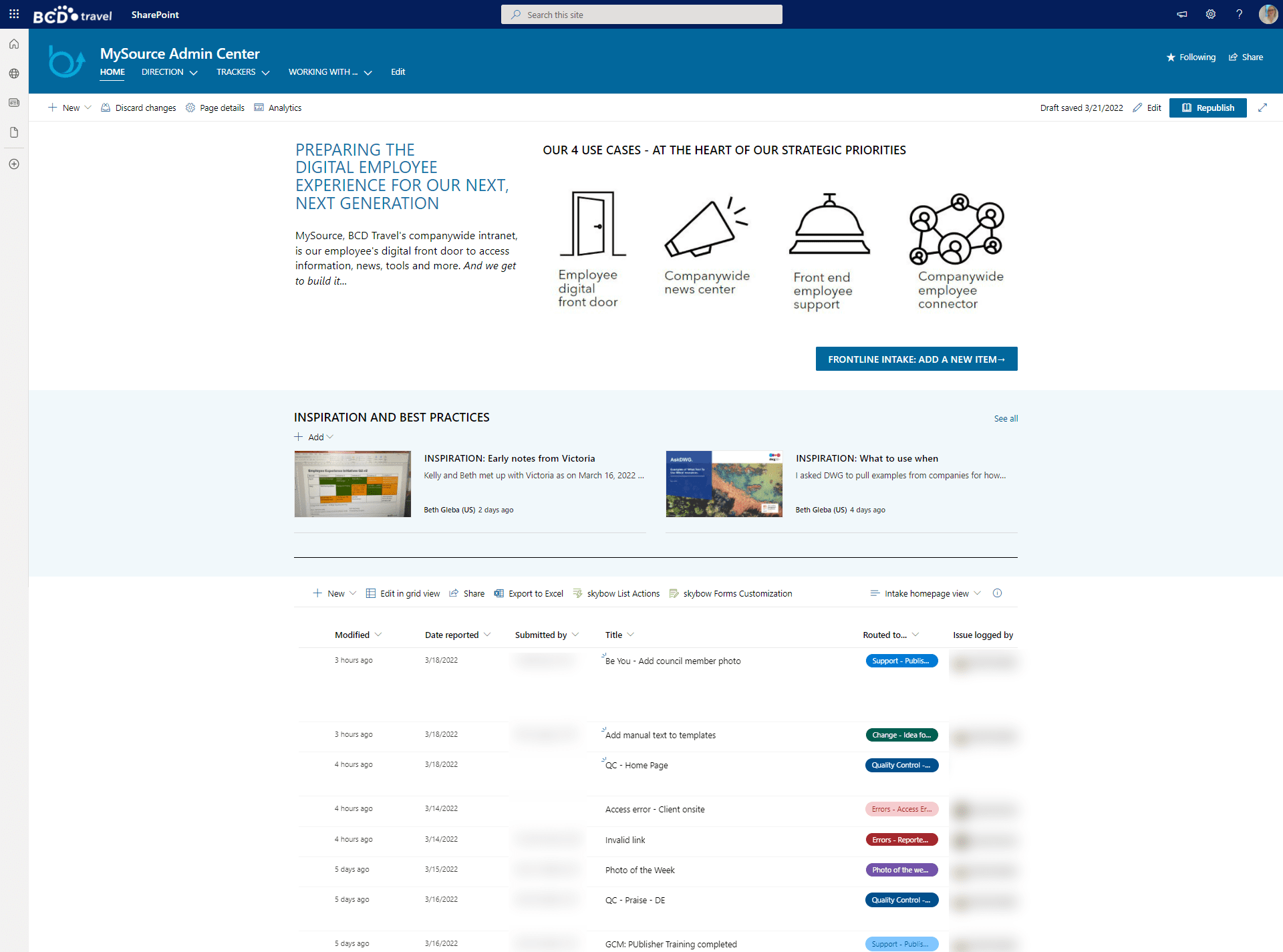 A screenshot of BCD Travel's intranet admin centre.