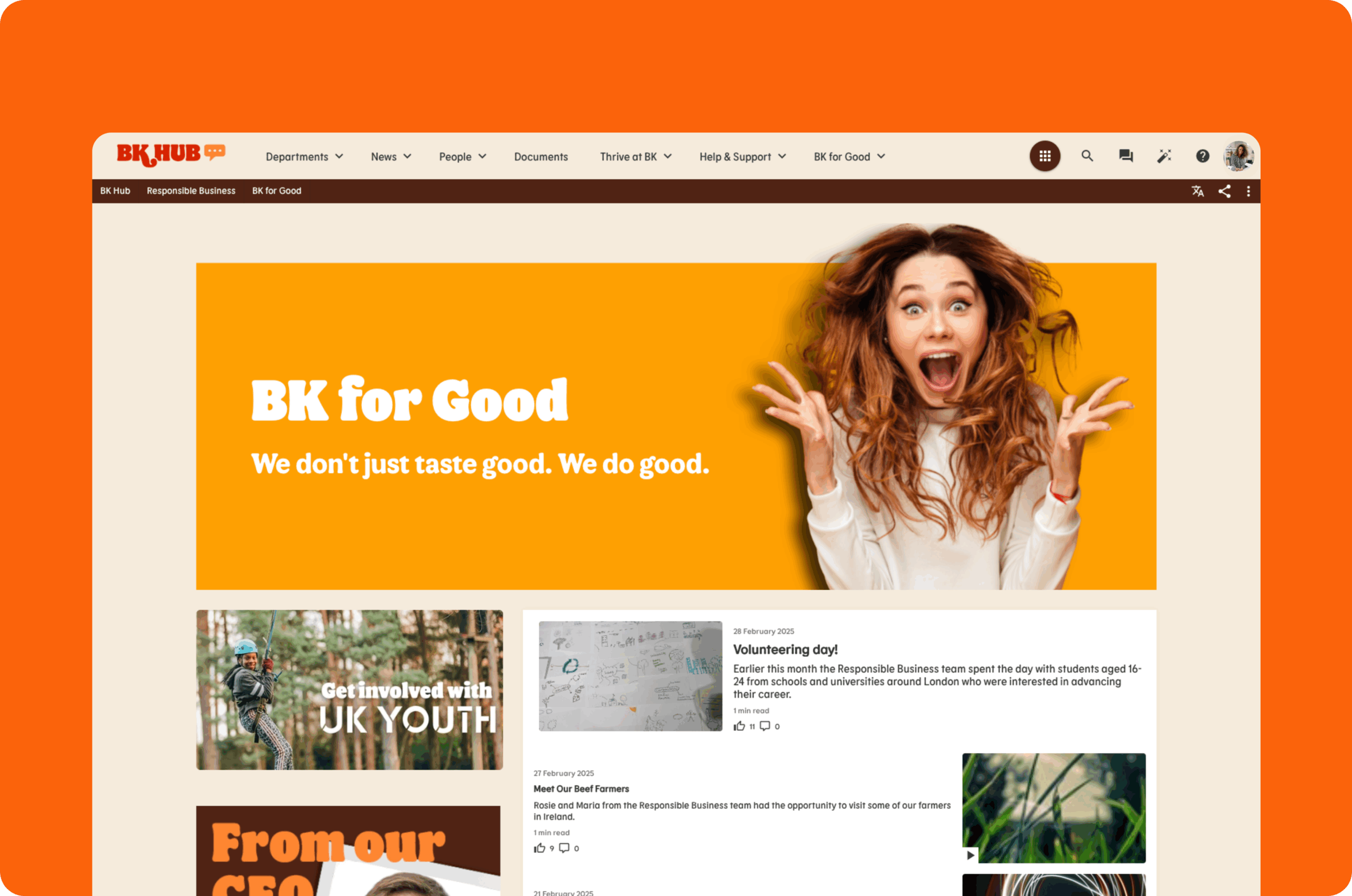 A screenshot of the "BK for Good" page on BK Hub, the Burger King UK intranet and employee app. 