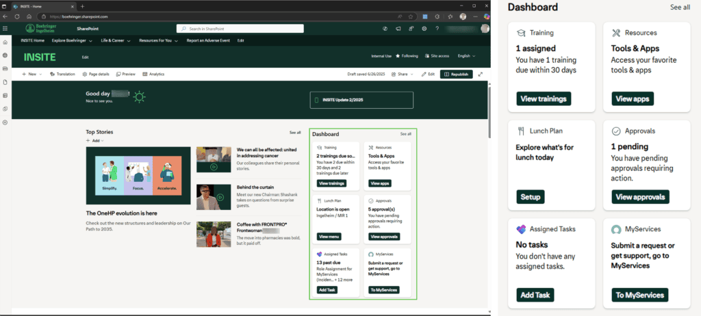 Boehringer Ingelheim INSITE homepage with the task dashboard shown and highlighted and enlarged.