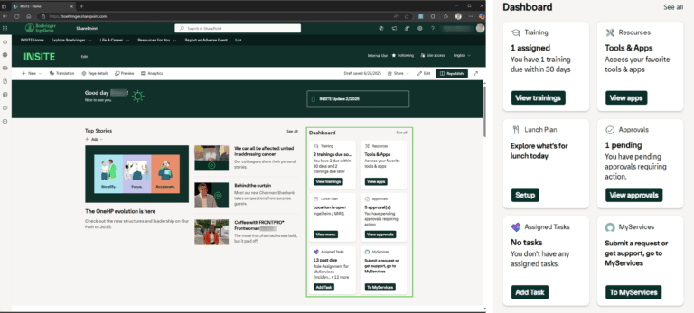 Boehringer Ingelheim INSITE homepage with the task dashboard shown and highlighted and enlarged.