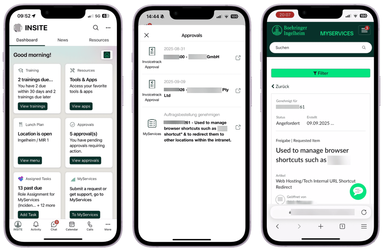 Three mobile screenshots of Boehringer Ingelehim's approvals card on their intranet task dashboard.