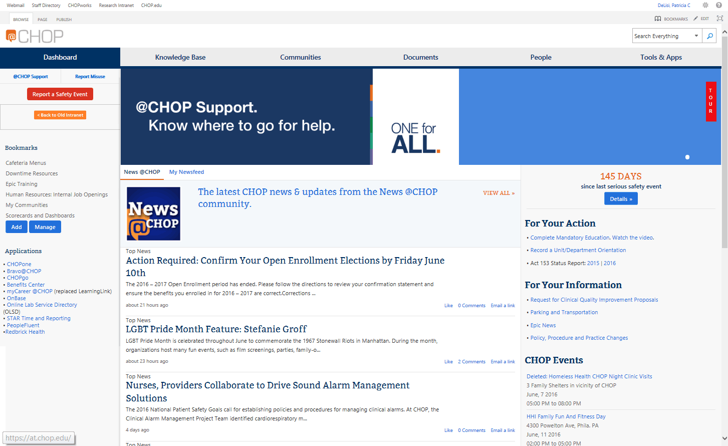 A screenshot of the CHOP intranet homepage.