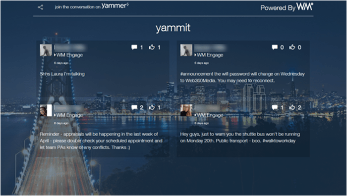 Centrica features a Yammer feed on digital signage, as part of their broader internal comms strategy. Screenshot appears courtesy of Centrica.