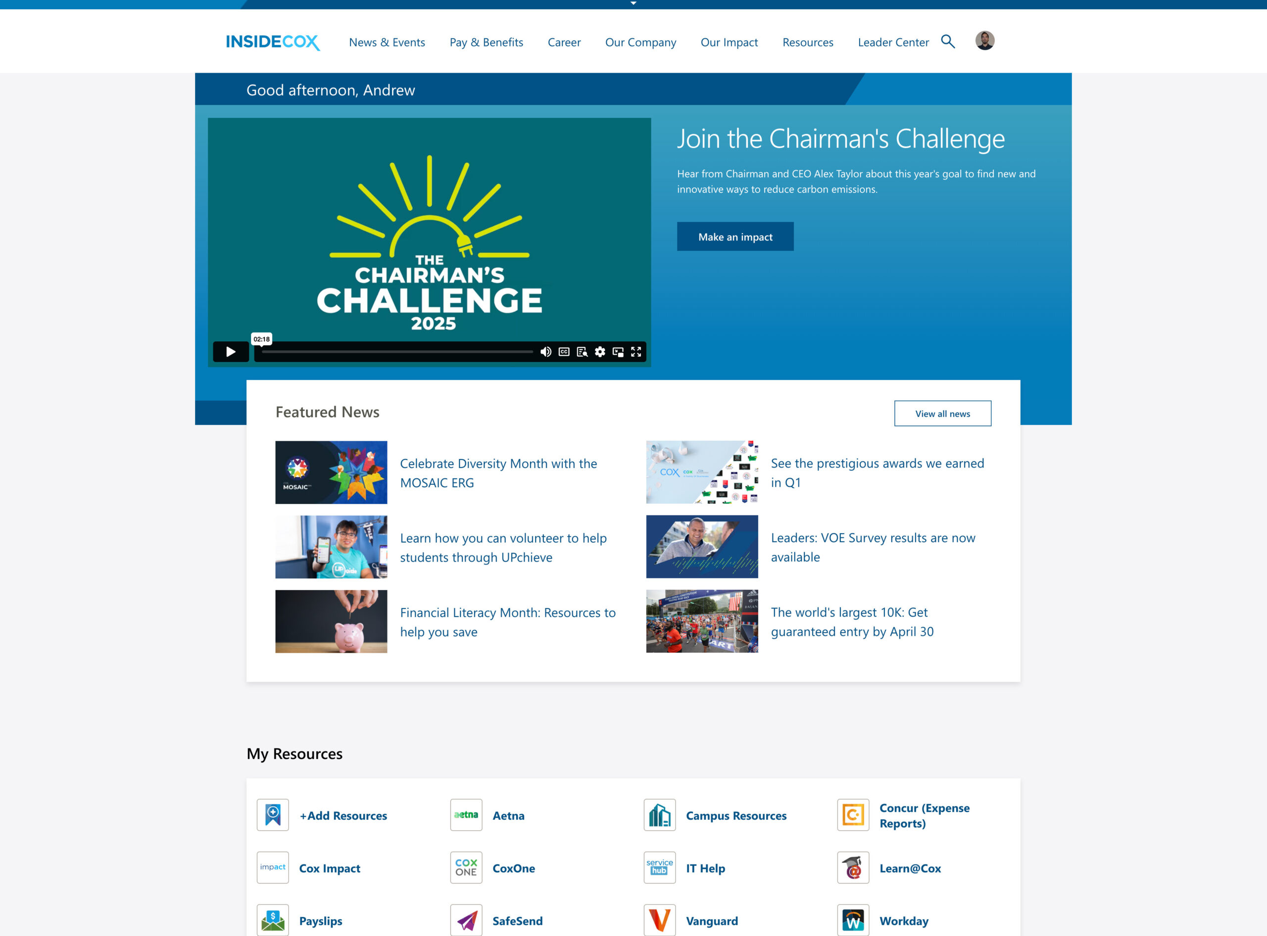 A screenshot of the CoxOne intranet homepage. 