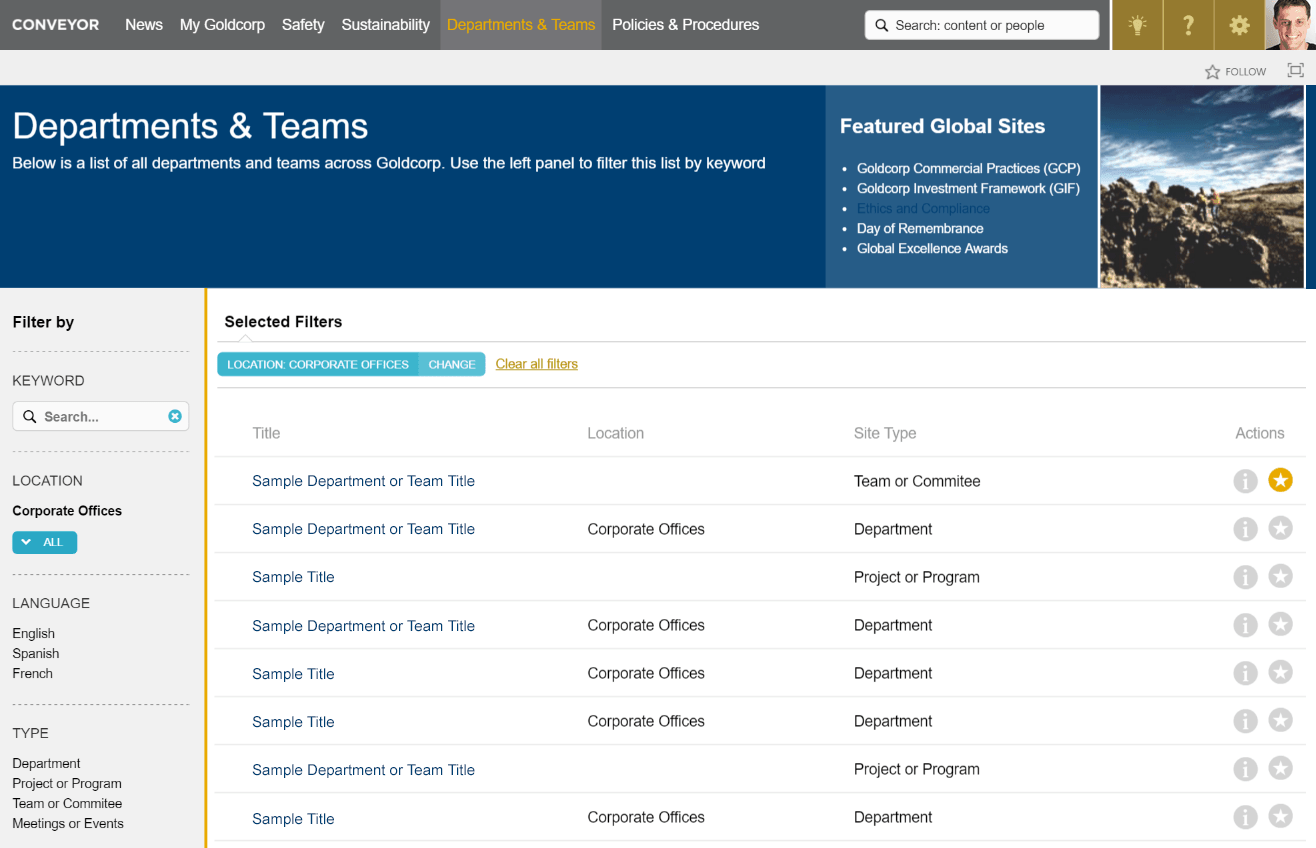 Here it's possible to filter collaboration spaces according their language: English, Spanish or French. Screenshot courtesy of Goldcorp.