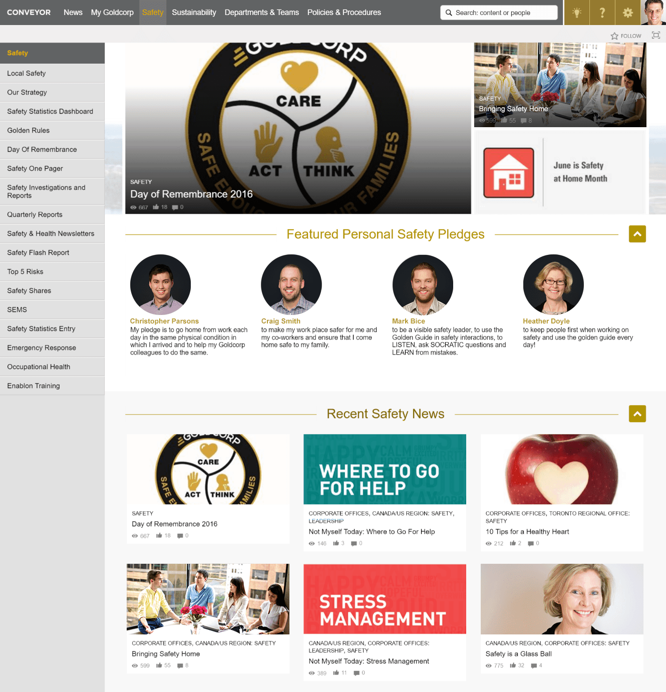 Screenshot of Goldcorp's intranet safety landing page.