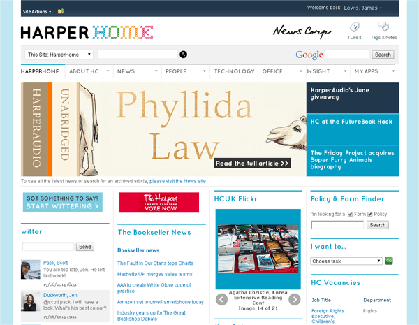 The intranet homepage of HarperCollins UK features photos from Flickr. Screenshot appears courtesy of HarperCollins UK.