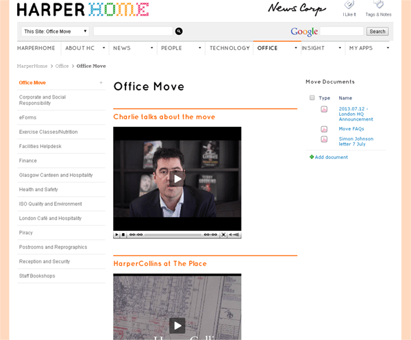 The Office Move section of the HarperCollins UK intranet informed employees about a major office move. Screenshot appears courtesy of HarperCollins UK.