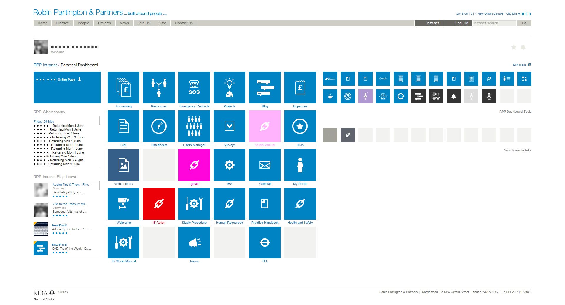 A screenshot of the dashboard of the Robin Partington and Partners intranet.
