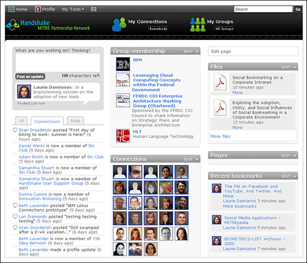 Figure 2: The MITRE Corporation provides technology research and application development services for the US Federal Government and other customers. ‘Handshake’ is a knowledge sharing and social platform that connects MITRE staff with customers in a secure way. (Screenshot courtesy of MITRE Corporation.)