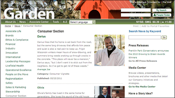 Figure 4: Customer insights and stories are brought directly into the intranet. This includes a feature box on the homepage (top) and a section dedicated to customer stories that communicate the needs of key customer groups (bottom). (Screenshots courtesy of The Scotts Miracle-Gro Company.)