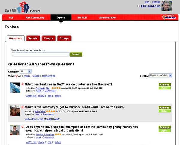 Figure 3: Airline software company Sabre built Sabre Town in 2009. Four years later, because of its in- built ‘relevance engine’ that matches questions to subject matter experts, this Intranet Innovation Award winner remains a powerful: 66% of questions posted to Sabre Town receive answers within one hour; 88% were answered in 24 hours; 97.5% of questions were answered overall.