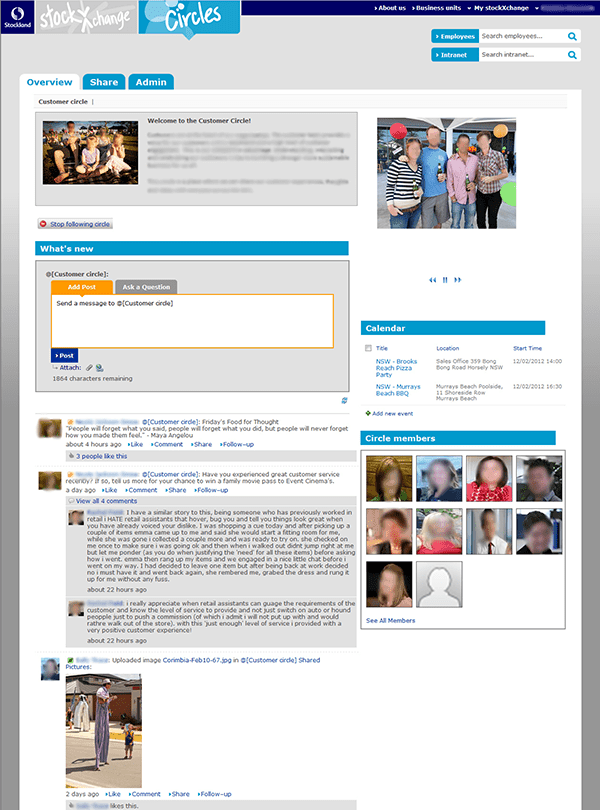 Figure 1: As part of a large-scale social intranet project launched in 2012, Australian property group Stockland implemented collaboration spaces branded as ‘Circles’. Ranging from project spaces to common interest groups, by default the Circles were rich with social networking capabilities and ‘open and accessible to all’. Pictured above is the ‘Customer Circle’. (Image courtesy of Stockland)