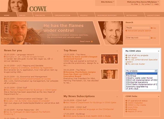 KMC_Homepage_07 Listing the team sites that the user is a member of. Screenshot courtesy of COWI.