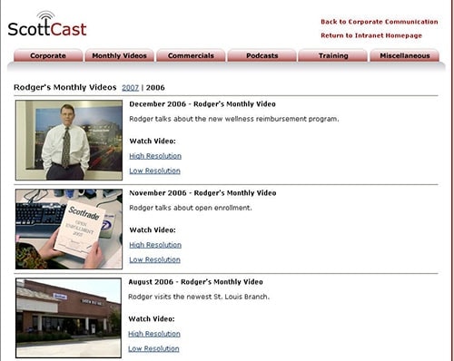 Scottrade uses ‘ScottCast’ to share information internally, including CEO messages and copies of public advertising campaigns (screenshot courtesy of Scottrade).