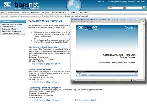 Transfield uses simple videos to provide training for the rollout of SharePoint team sites, supplementing face-to-face education (screenshot courtesy of Transfield Services).