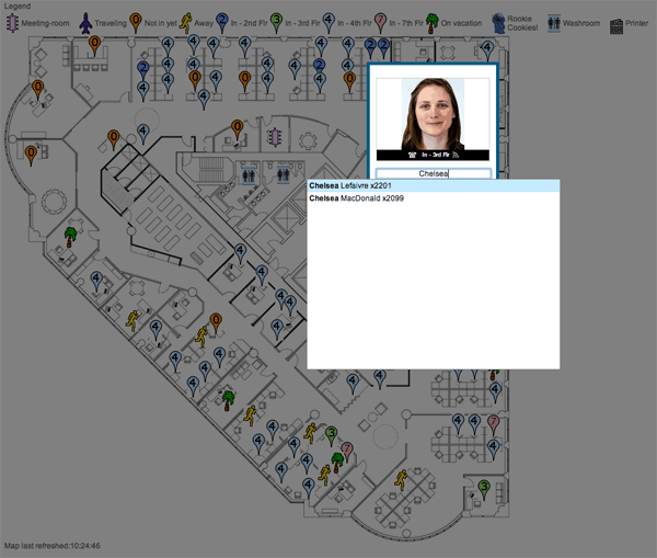 A separate "Locator" tool is also available which shows where a person sits superimposed on the floorplan. It  also displays whether they are in the office and what floor they are currently on.  Screenshot appears courtesy of Klick Health.